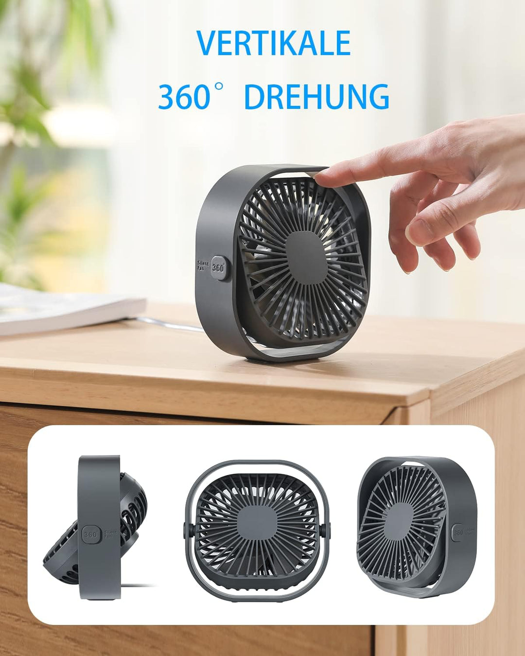 USB Tischventilator Leise Klein,360° Mini Ventilator Grow,Small Table Fan Mit 3 Stufe,BüRo Ventilato