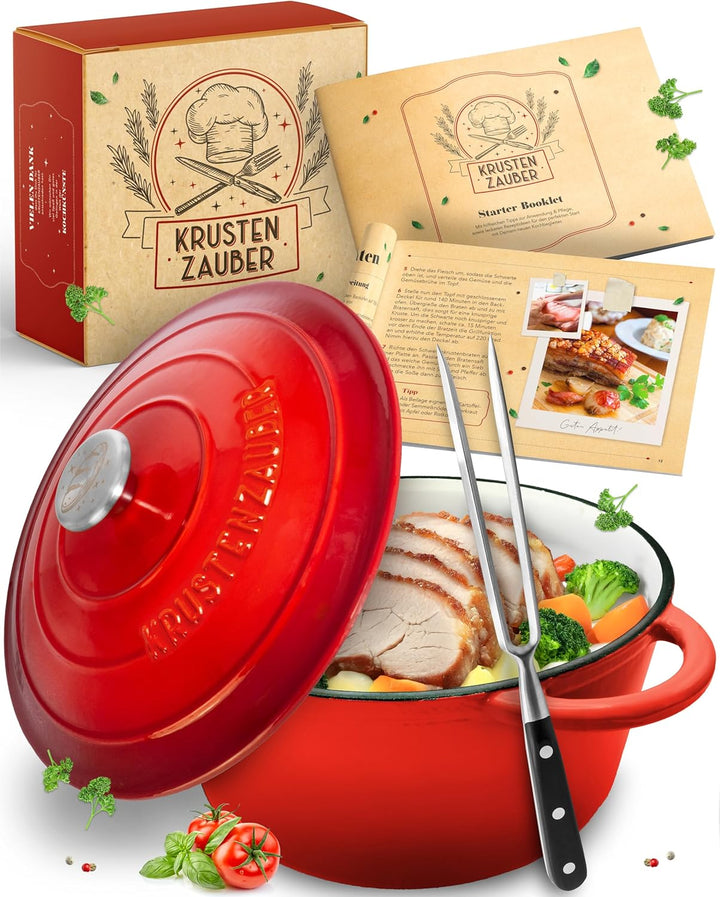 KRUSTENZAUBER Gusseisen Topf [inkl. Fleischgabel] - 26cm Schmortopf backofengeeignet - Idealer Bräte