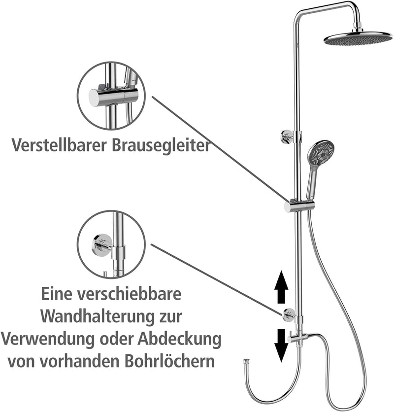 WENKO Duschsystem Watersaving, Duschstange aus Edelstahl mit wassersparendem Regenduschkopf und Hand