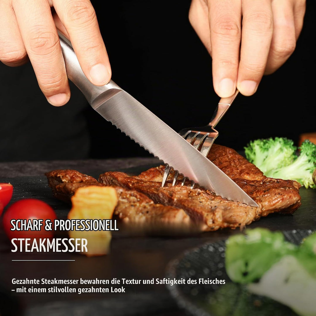 hecef Steakmesser Set 6-teilig, scharfe Tafelmesser mit Wellenschliff und ergonomischem Hohlgriff, k