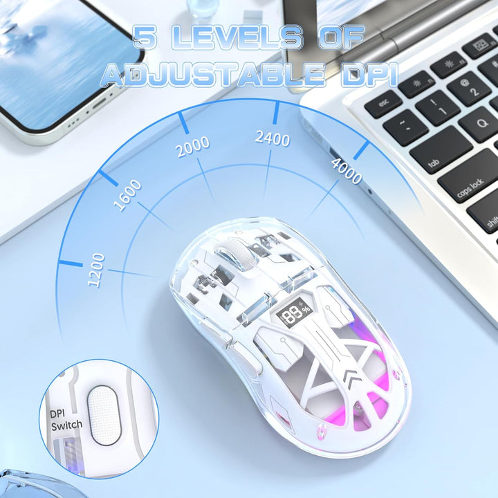 ZIYOU LANG x FREEWOLF Kabellose Gaming Maus, PixArt PAW3212 Dual Mode 2.4G/Bluetooth Transparente RG