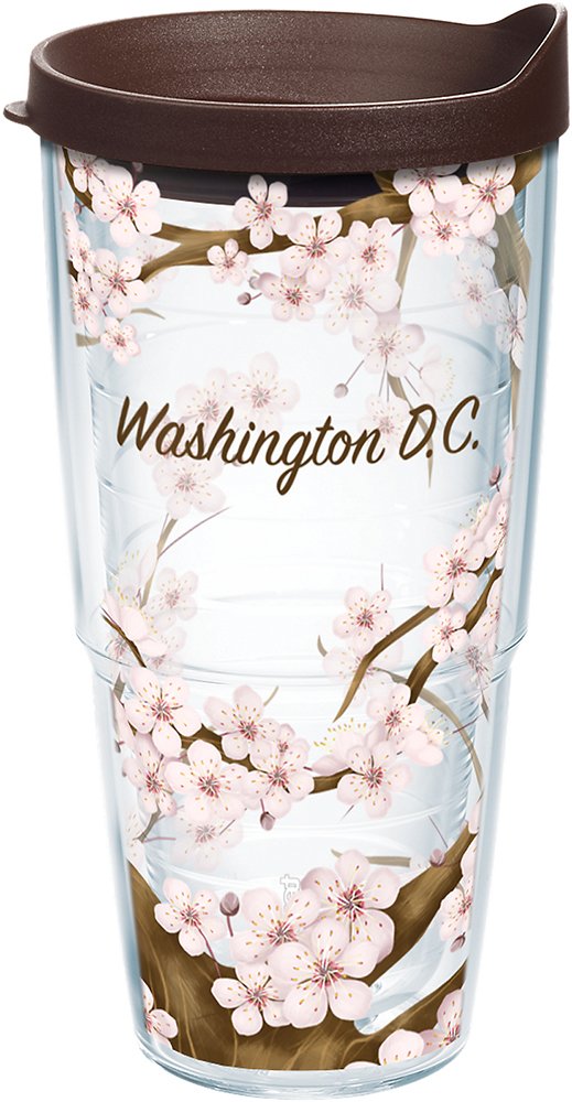 Tervis Washington DC Cherry Blossom Isolierbecher mit Wickeltuch und braunem Deckel, 680 ml, transpa