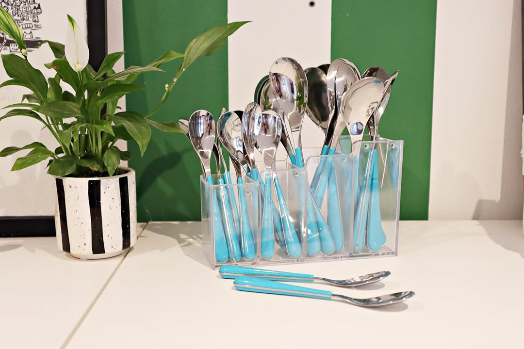 EXZACT 24 teilig Besteckset mit Halter Edelstahl Türkis Griffe | Transparenter Vier Fächer Ständer H