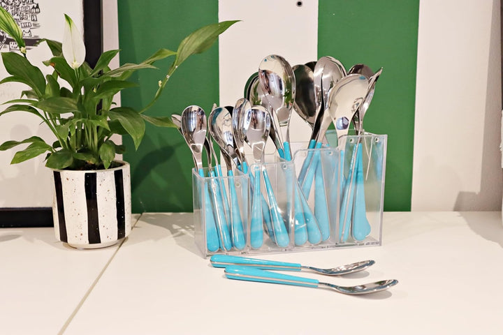 EXZACT 24 teilig Besteckset mit Halter Edelstahl Türkis Griffe | Transparenter Vier Fächer Ständer H