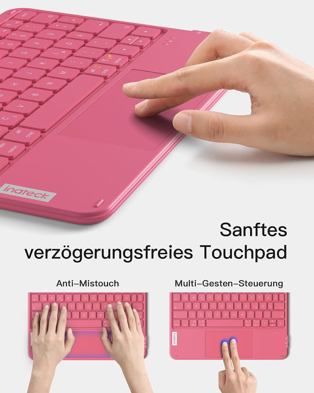 Inateck ultradünne Tablet-Tastatur mit Touchpad, 3 Bluetooth-Kanäle pink, pink