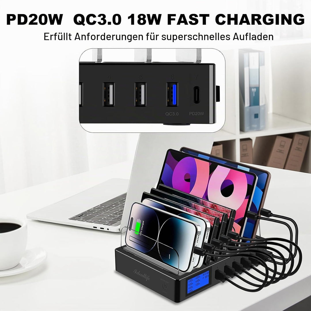 ideallife Ladestation für mehrere Geräte für 7 Anschlüsse, schnelles USB-Ladegerät mit Typ C PD20W Q