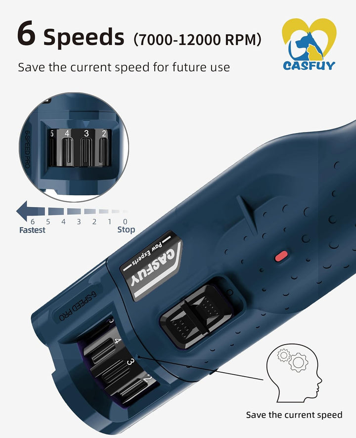 Casfuy Krallenschleifer für Hunde - (45 dB) 6-Gang-Haustier-Krallenschleifer mit 2 LED-Lichtern für