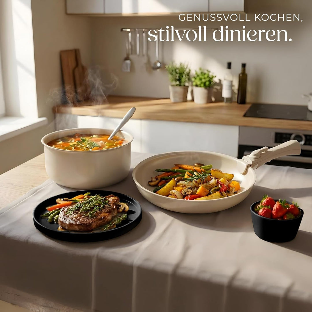 tectake® Küchenstarterset 6 Personen, Steingut Geschirr Set, Teller, 3 Pfannen, 2 Töpfe, rostfreies