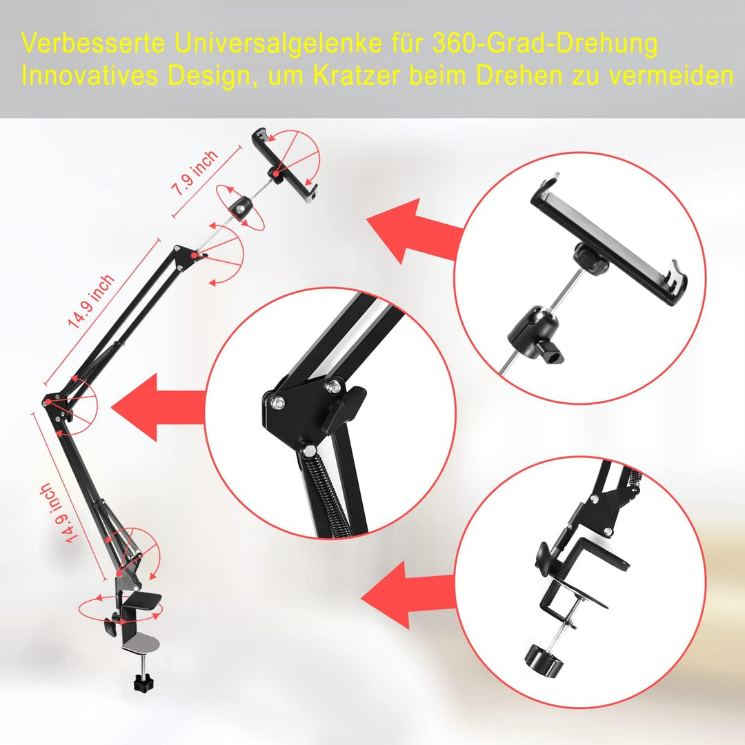 Tablet-Ständer für Bett Halterung -Ständerhalter 360 Grad Drehbarer mit Stabilem Aluminiumarm für iP