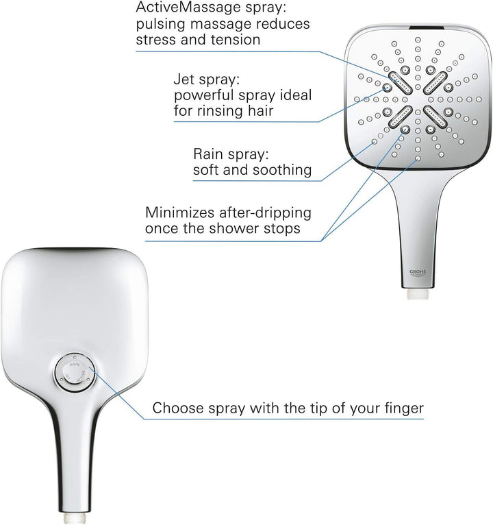 GROHE Rainshower SmartActive 130 Cube - Handbrause (wassersparend, 3 Strahlarten, Universal Befestig