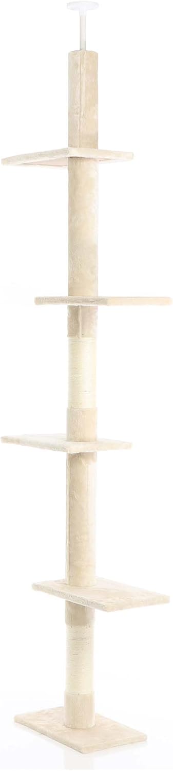 Fudajo Kratzbaum deckenhoch 230–276 cm in Beige, Katzenkratzbaum mit 4 Ebenen, Katzenbaum Deckenspan