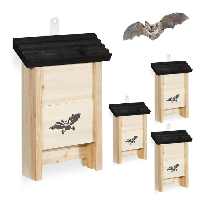 Relaxdays Fledermauskasten, 4er Set, Unterschlupf für Fledermäuse, unbehandeltes Holz, HBT 25 x 18 x