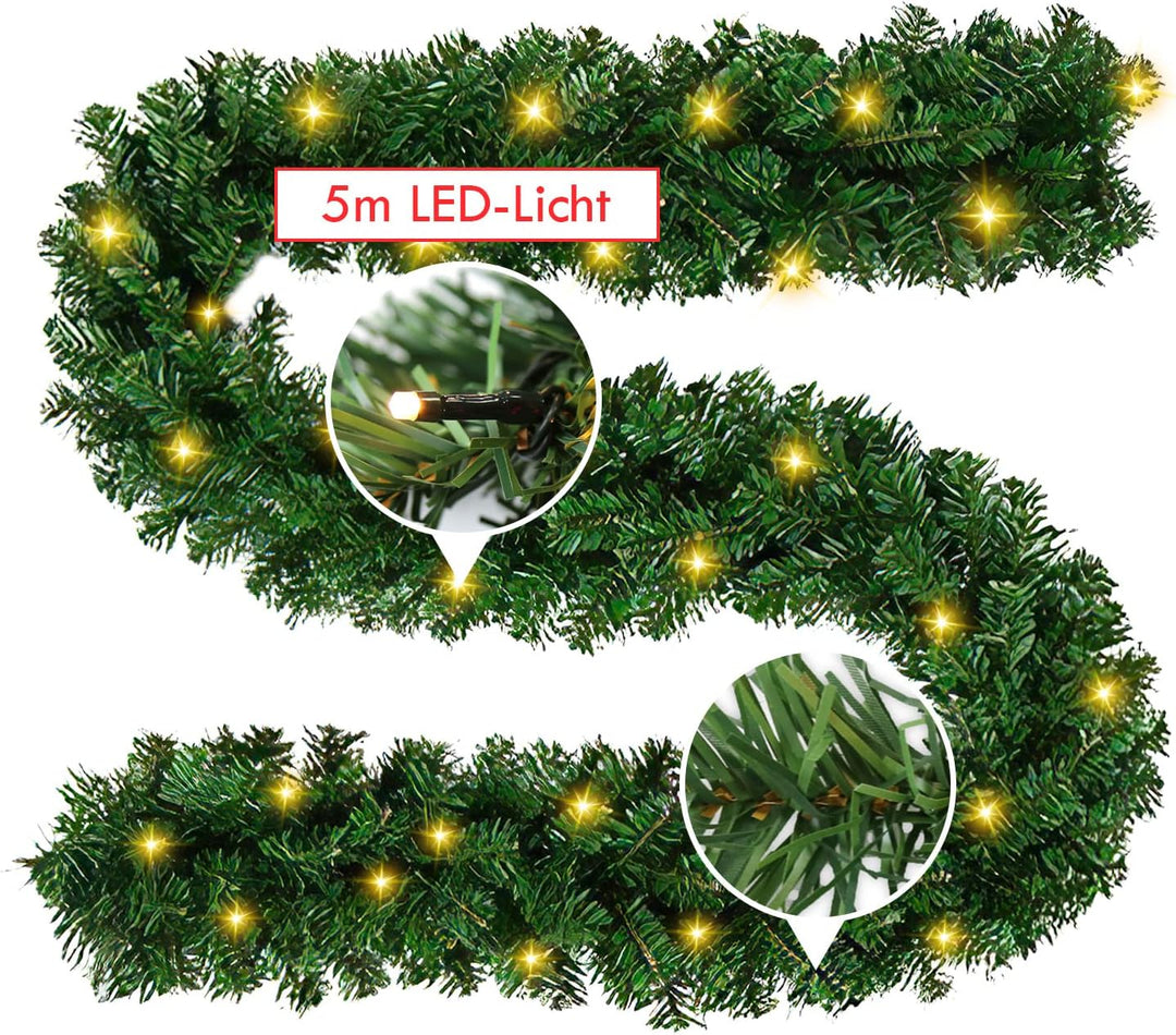 Yakimz 5m Weihnachtsgirlande, Künstliche Tannengirlande Grün mit 100 LEDs Warmweiss 8 Modus Lichterk