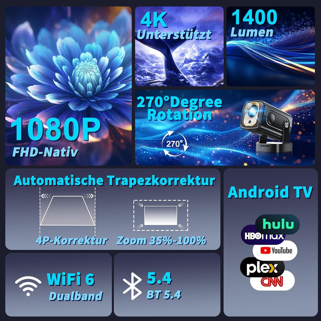 Mini Beamer 4K 1080P [2026 Neuer & Automatische Focus] Projektor Tragbarer mit WiFi 6 und Bluetooth