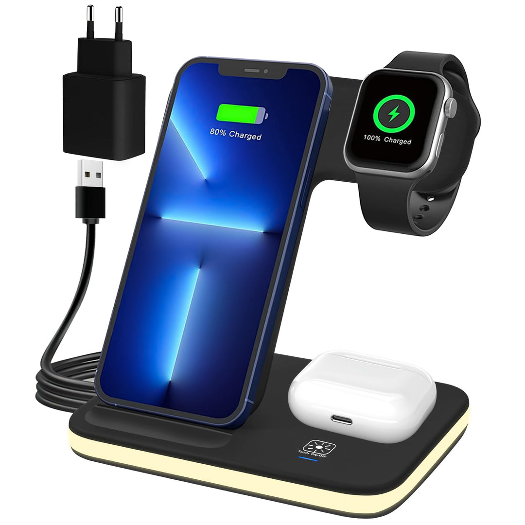 Induktive Ladestation für Apple Watch und iPhone, 3 in 1 Handy Ladestation für iPhone 16/15/14/13/12
