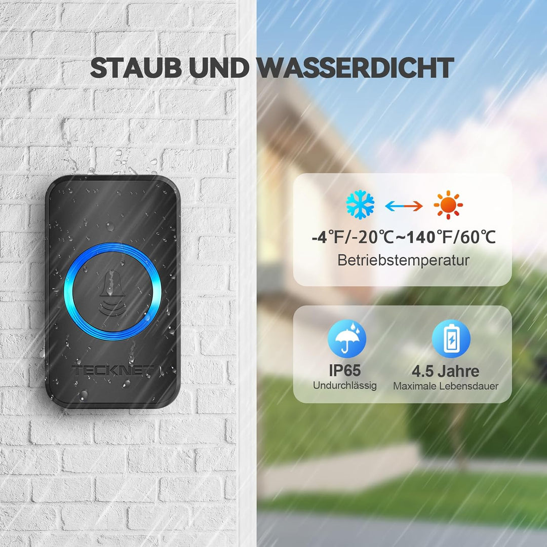 TECKNET Funkklingel, IP65 Funk klingel Set Aussen Wasserdicht, Kabellose Türklingel 400m Reichweite,