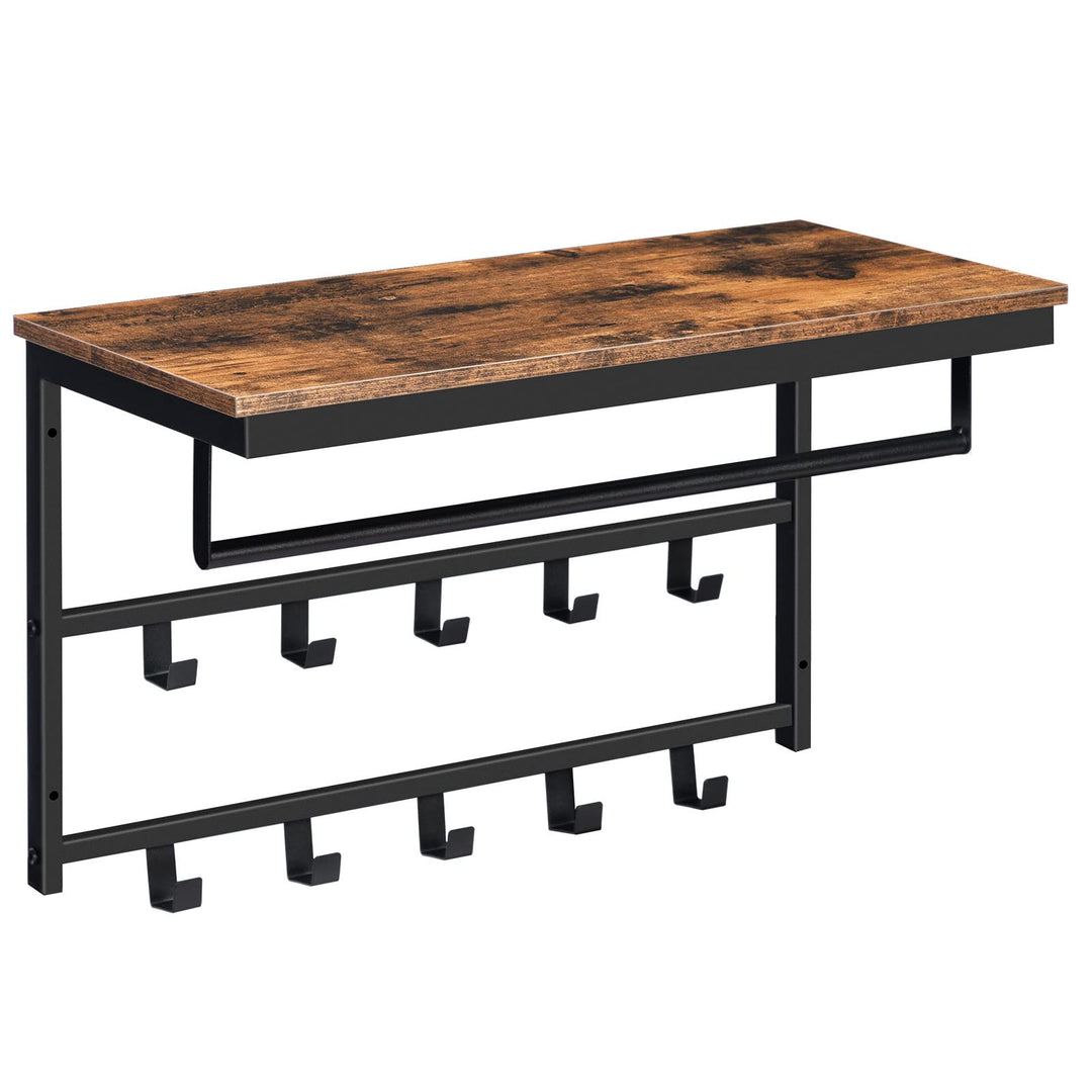 HOOBRO Wandgarderobe mit Ablage, Wandregal mit 10 Haken und Stangen, Wandmontiertes Hängeregal, 60 x