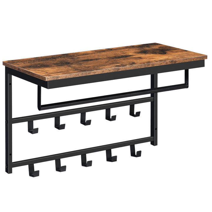 HOOBRO Wandgarderobe mit Ablage, Wandregal mit 10 Haken und Stangen, Wandmontiertes Hängeregal, 60 x
