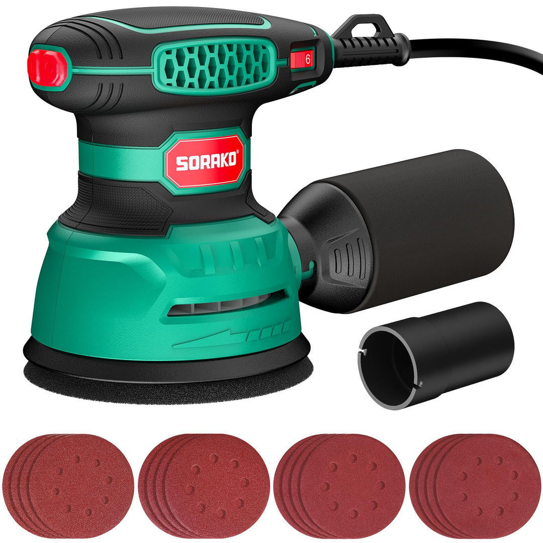 SORAKO Exzenterschleifer 350W 125MM - 6 Geschwindigkeiten,16 Schleifpapiere inklusive, mit Staubsamm