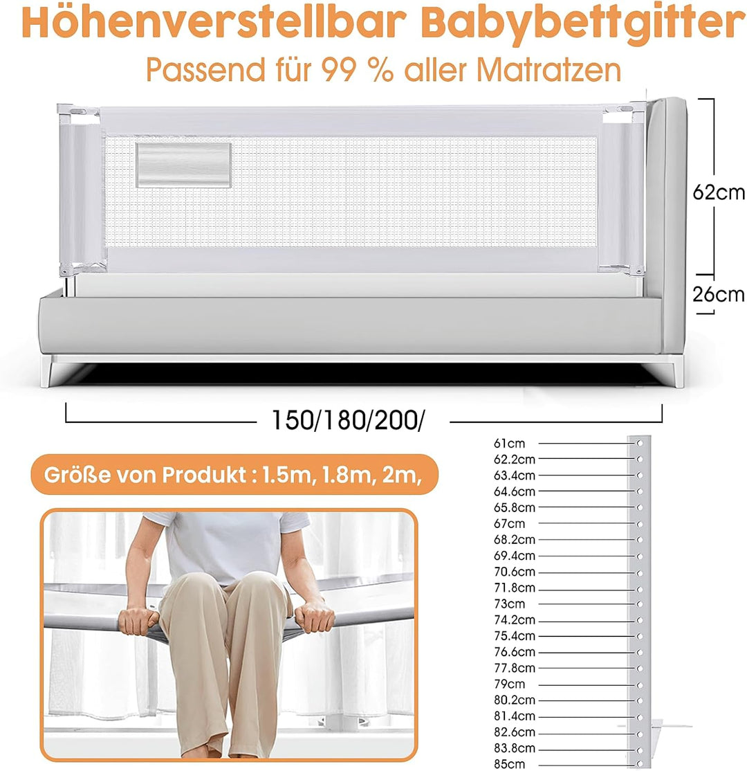 Bettschutzgitter 150 cm, Einziehbares Bettgitter für Kinder von 0–10 Jahren, Babybettgitter für Kind
