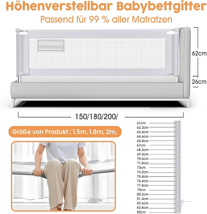 Bettschutzgitter 150 cm, Einziehbares Bettgitter für Kinder von 0–10 Jahren, Babybettgitter für Kind