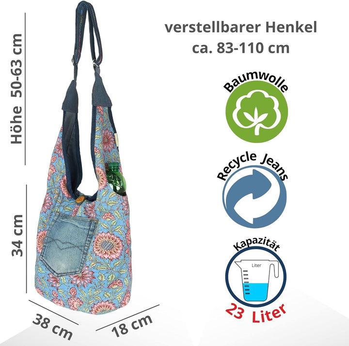 Sunsa Damen nachhaltige Hobo Tasche. Umhängetasche aus recycelte Jeans & Baumwolle. Boho blumig Cros