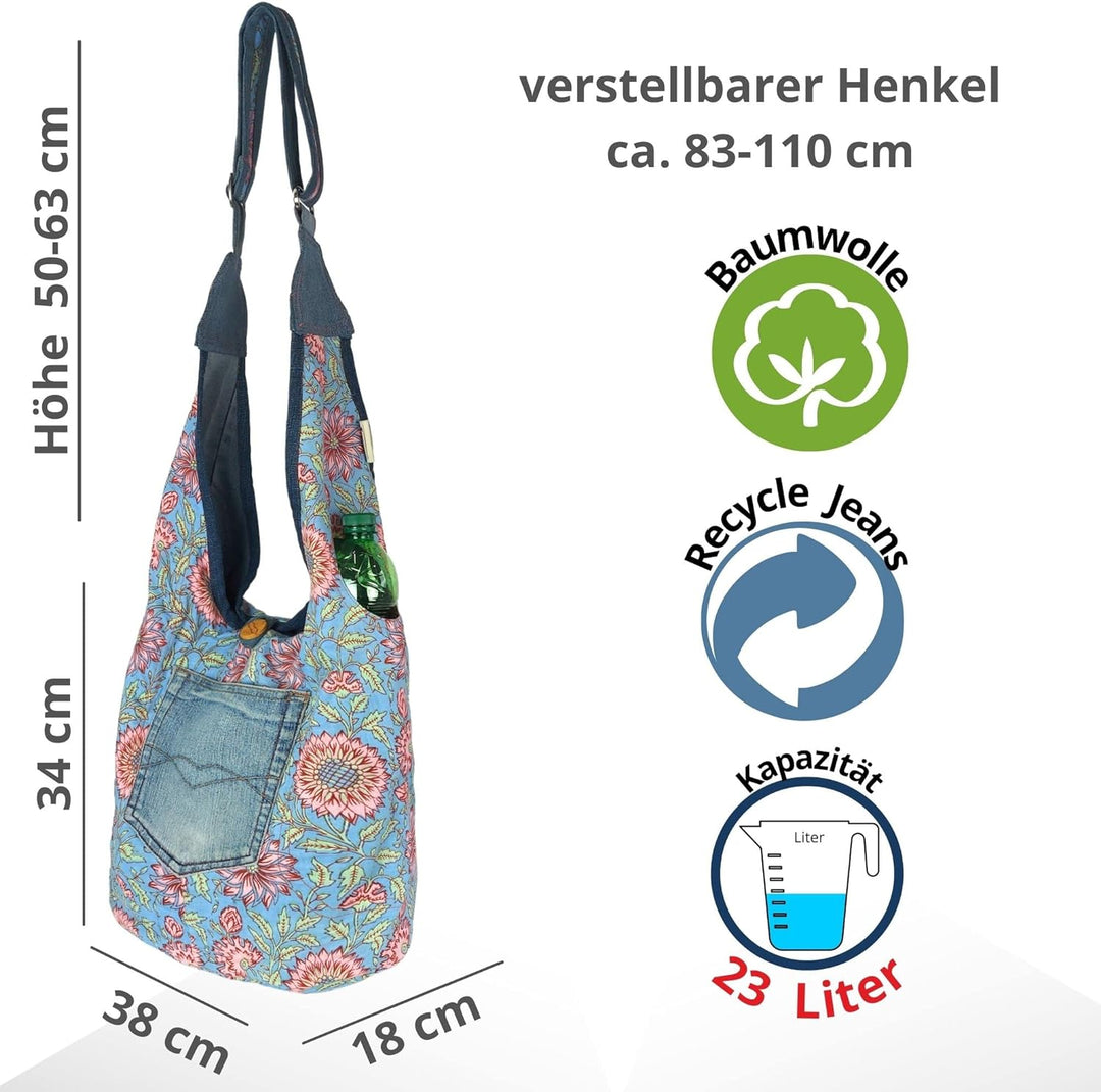 Sunsa Damen nachhaltige Hobo Tasche. Umhängetasche aus recycelte Jeans & Baumwolle. Boho blumig Cros