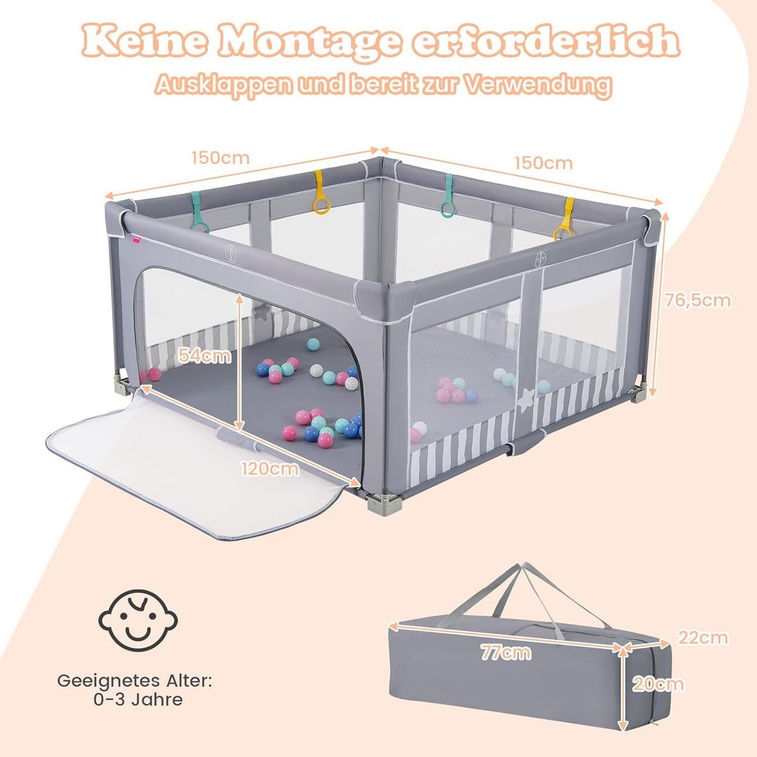 GOPLUS 150 x 150cm Laufstall Babys, Laufgitter faltbar mit 50 bunten Bällen, 4 Griffen &amp; Tragetasche