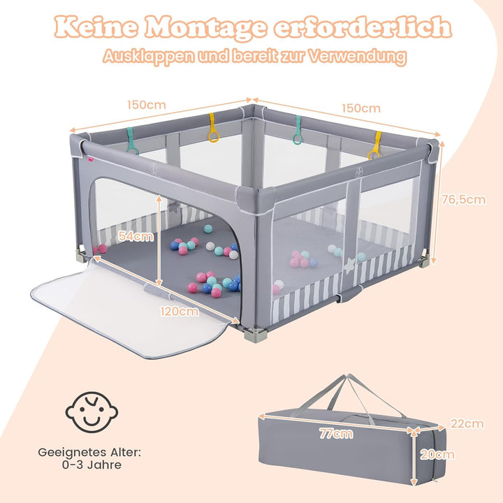 GOPLUS 150 x 150cm Laufstall Babys, Laufgitter faltbar mit 50 bunten Bällen, 4 Griffen &amp; Tragetasche