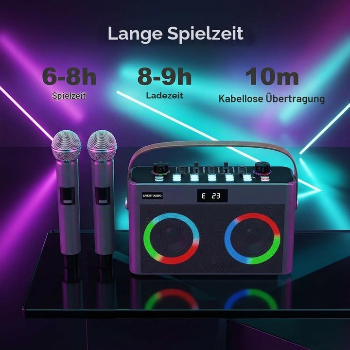 MT-VIKI Audio Mixer Bluetooth Karaoke Maschine Lautsprecher mit 2 drahtlosen Mikrofonen + Handschlau
