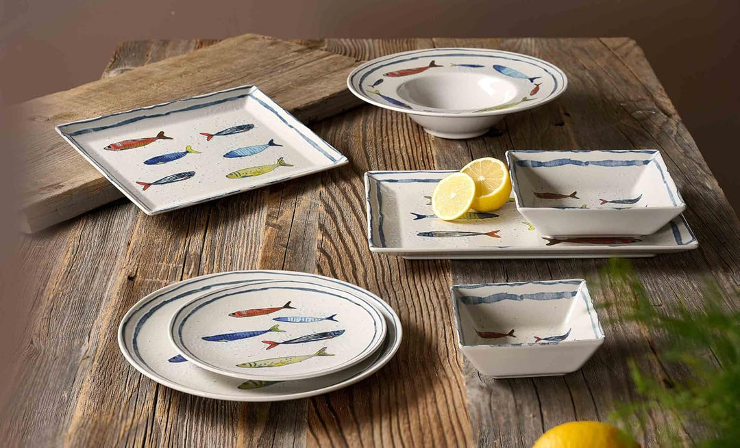 Ritzenhoff & Breker Maro Speiseteller ø 26 cm 6er Set, Steinzeug-Geschirr mit Fisch-Dekor, Spülmasch
