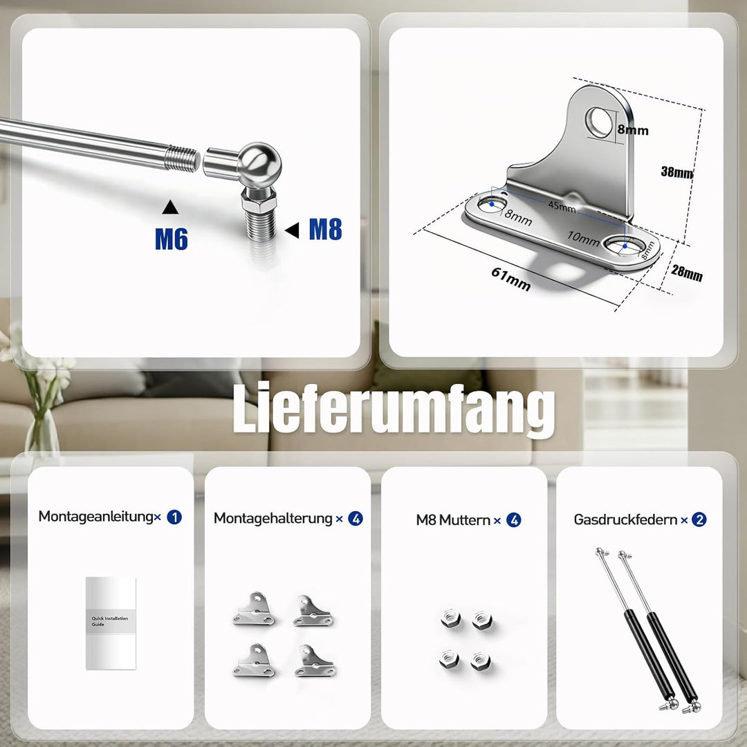 ARANA Gasfedern 635 mm (245 N/25 kg, Typ-L) mit hydraulischem Gasdruckdämpfer, Arm - Betthalterung f