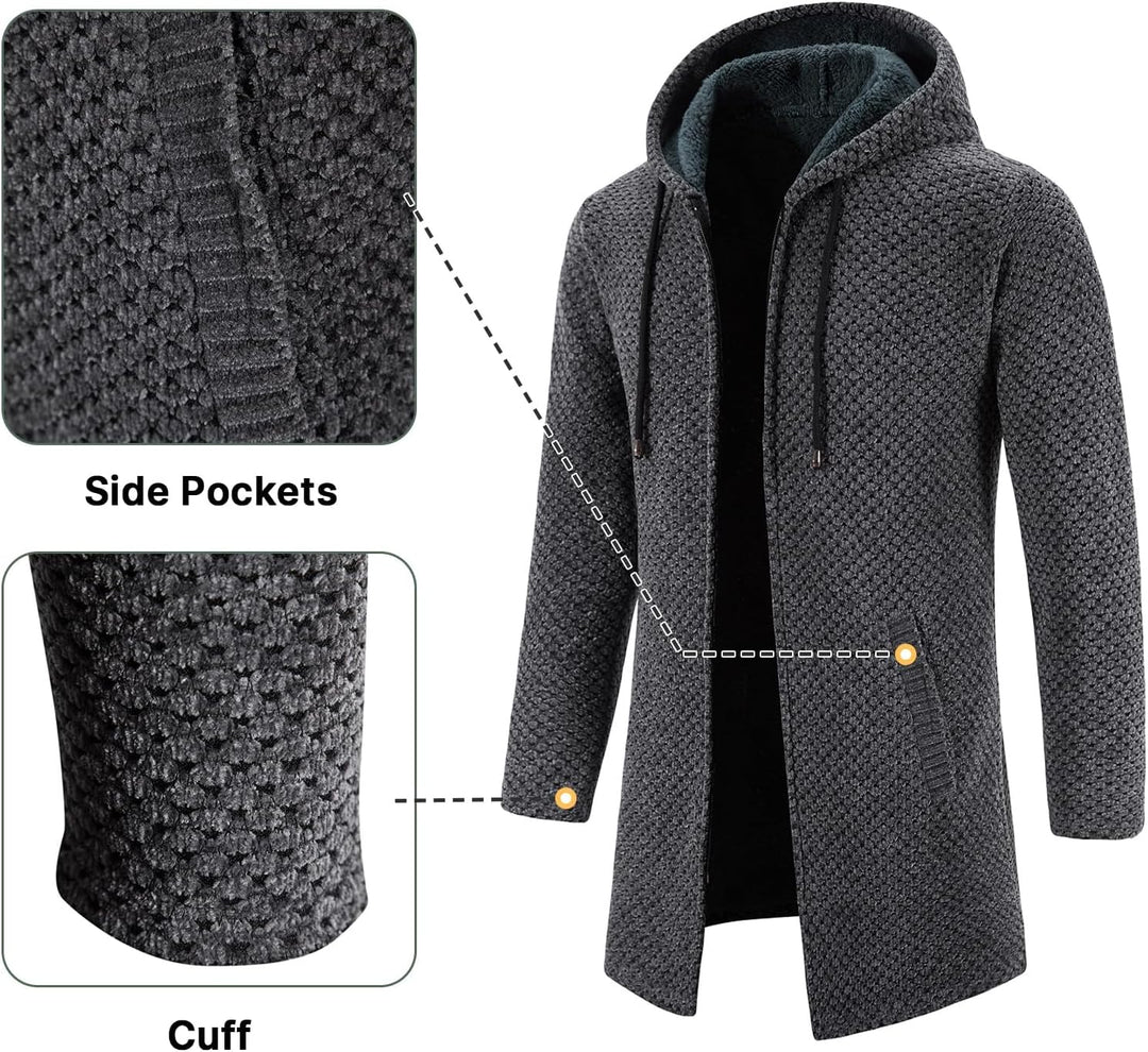 KUDORO Strickjacke Herren Cardigan Lang Trachtenjacke Kapuze mit Kapuze Gestrickt Pullover Hoodie Wi