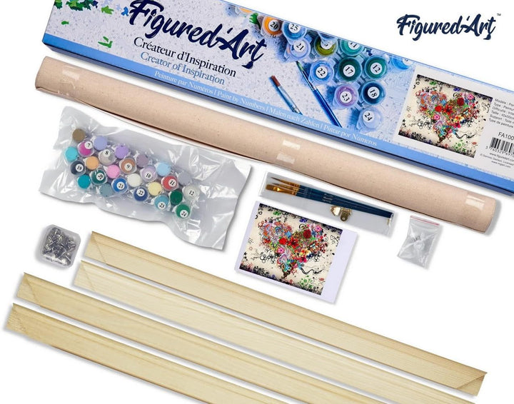 Figured'Art Malen Nach Zahlen Erwachsene Mit Rahmen Blumenherz - Paint by Numbers Basteln DIY Bastel