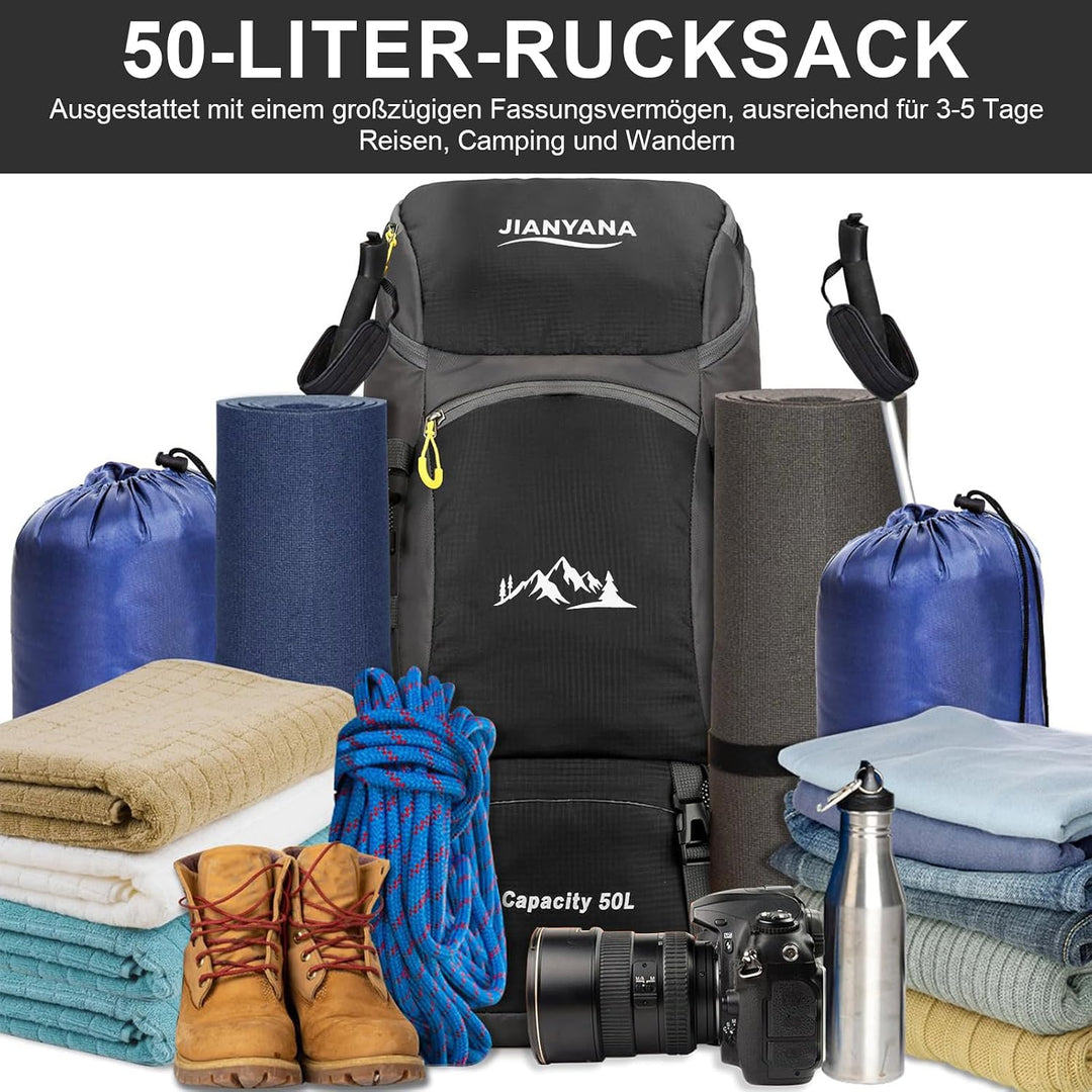 jianyana Wanderrucksack 50L Trekkingrucksack Regenhülle Reiserucksack Wasserdichter Campingrucksack