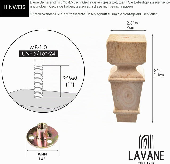 La Vane Möbelbeine aus Holz, geschnitzte Geometrie, unlackiert, Ersatzfüsse mit Montageplatte und Sc