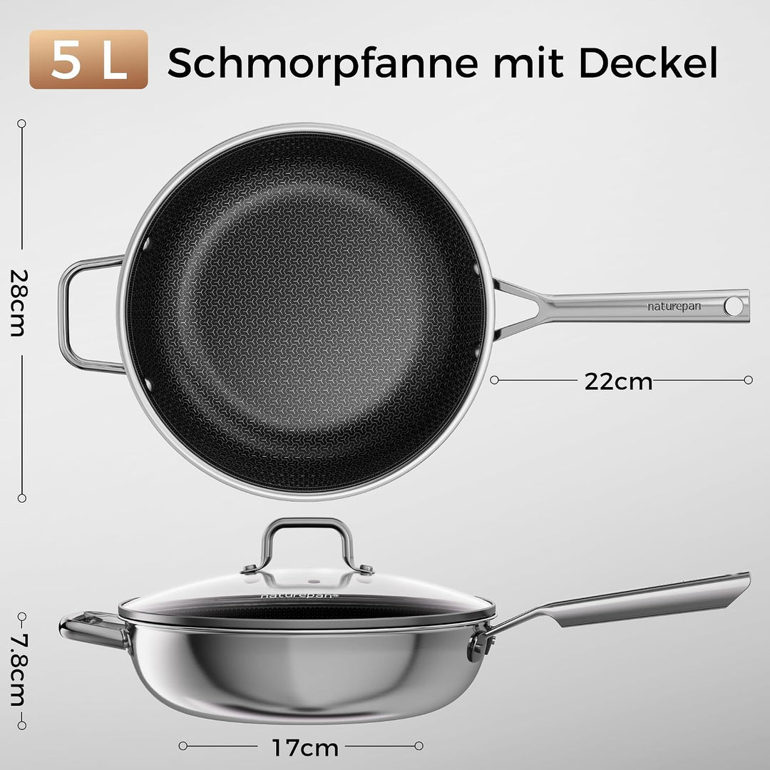 28cm Wokpfanne mit Deckel | DiamondTitan-Hybrid Keramikbeschichtung Wabenpfanne | Antihaft-Wabenstru