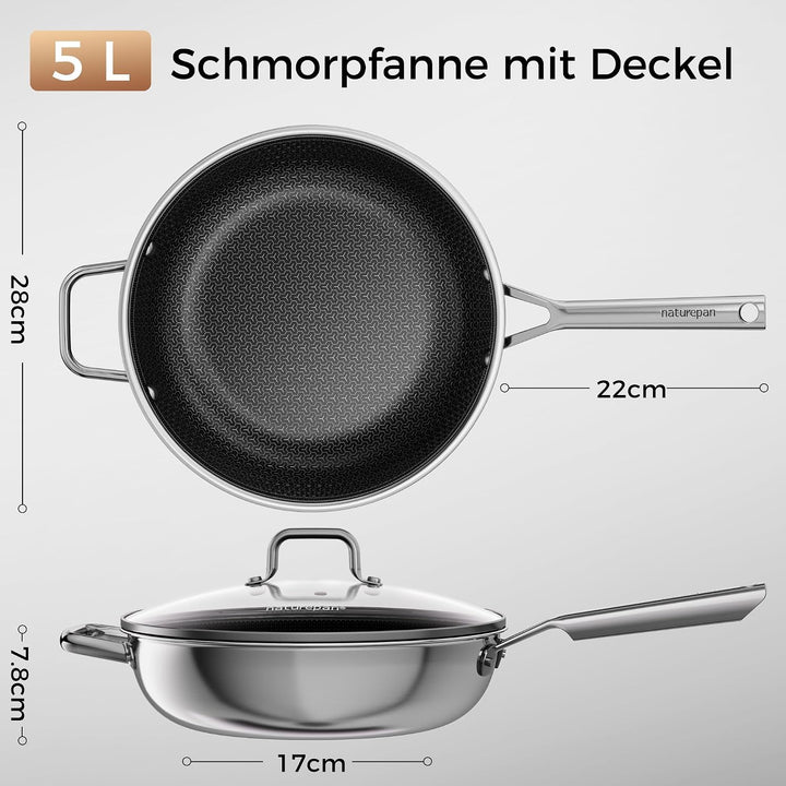 28cm Wokpfanne mit Deckel | DiamondTitan-Hybrid Keramikbeschichtung Wabenpfanne | Antihaft-Wabenstru