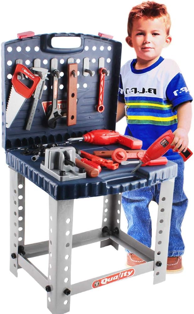 deAO Werkstatt und Werkzeug Carrycase Spielset Mechaniker Werkbank mit Klapp-Design beinhaltet mehre