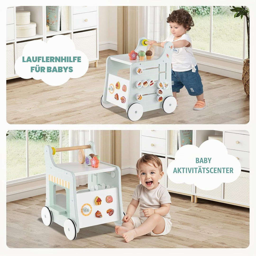 COSTWAY Lauflernwagen Holz, Lauflernhilfe mit Stauraum, Dessertladen auf Rädern mit Eiscreme, Schieb