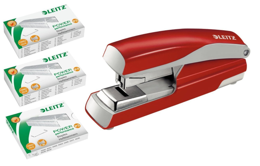 Leitz 5523 Flachheftgerät Stark NeXXt, 40 Blatt mit je 1.000 Heftklammern 24/6 24/8 und 26/6 (rot, m