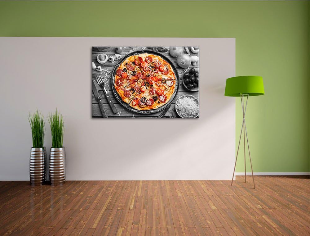 köstliche Pizza auf Pizzablech schwarz/weiss Format: 100x70 auf Leinwand, XXL riesige Bilder fertig