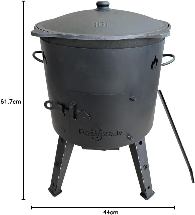 Utschak Feuerofen mit Gusseisen Topf flacher Boden mit Deckel 16 L Ø 44 cm Kazan Schaumlöffel für Pl
