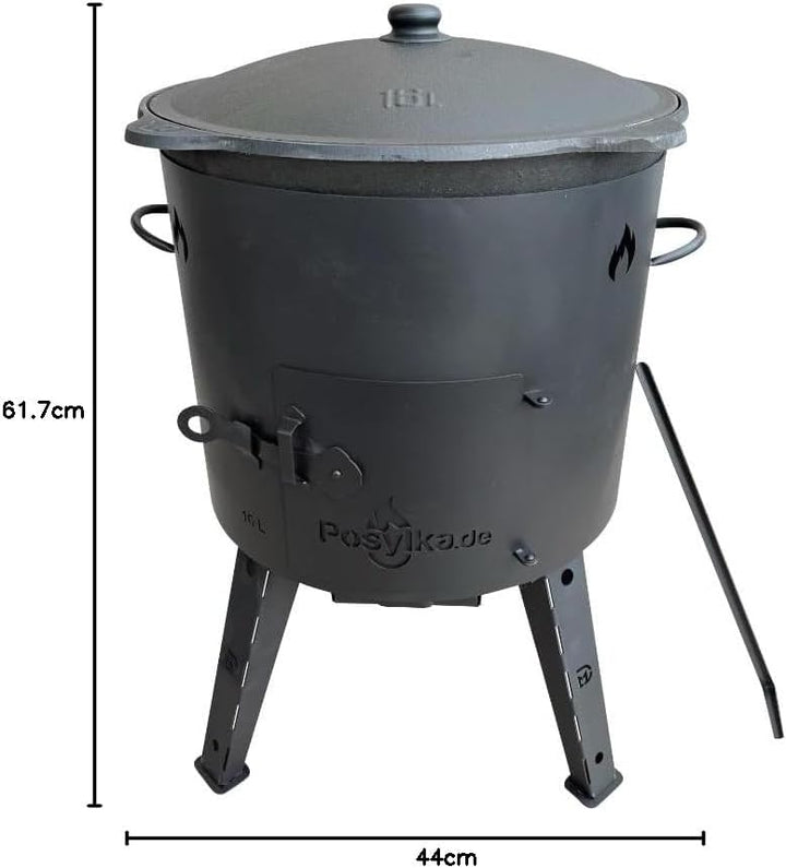 Utschak Feuerofen mit Gusseisen Topf flacher Boden mit Deckel 16 L Ø 44 cm Kazan Schaumlöffel Abdeck