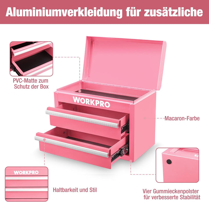 WORKPRO Metall Schubladenbox mit 2 Schubladen & Oberer Stauraum Rosa, 27,5x15x20,8cm Tisch Organizer