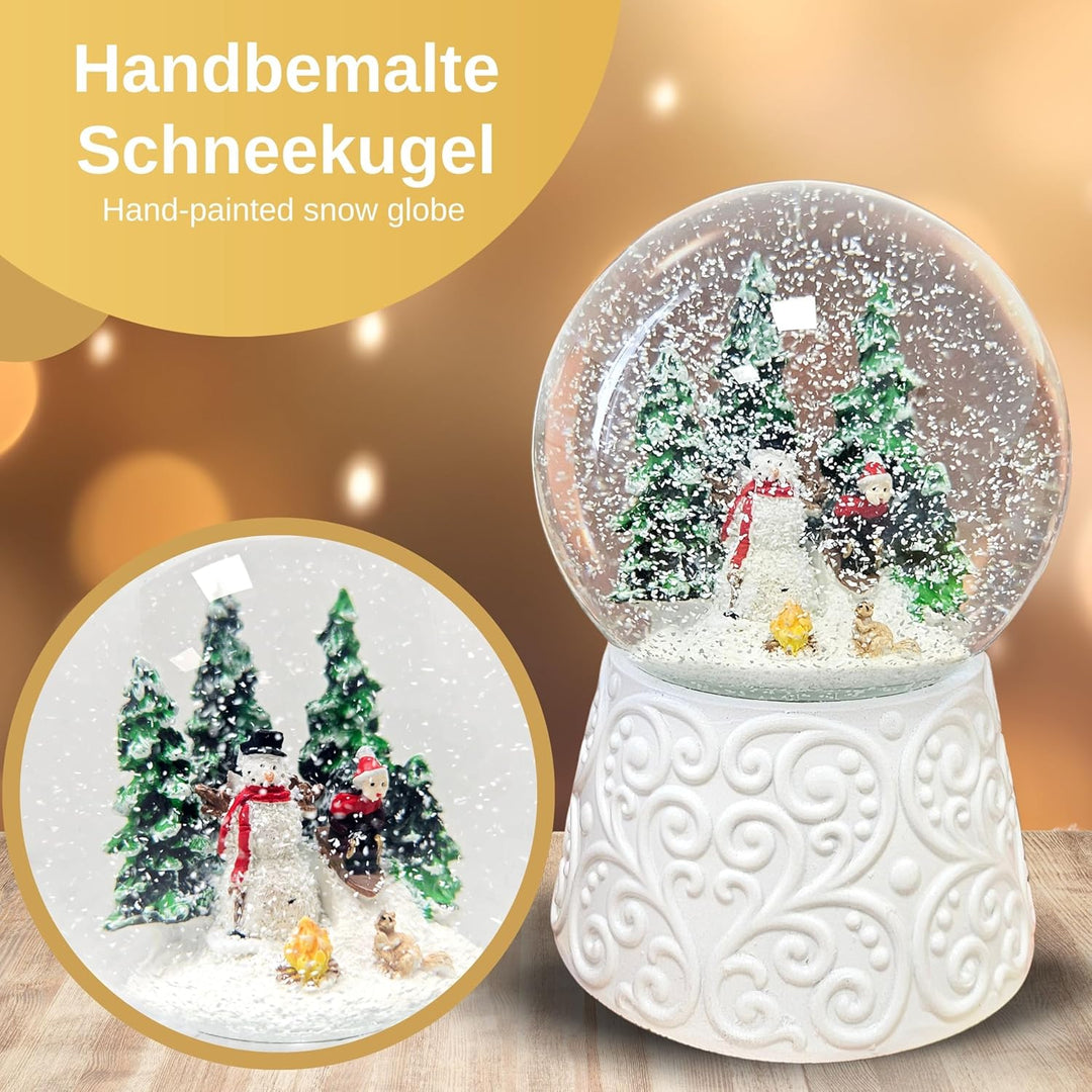 Schneekugel Weihnachten Spieluhr | Schneemann Steht Kind auf Schlitten| Ornament Sockel weiss | Höhe