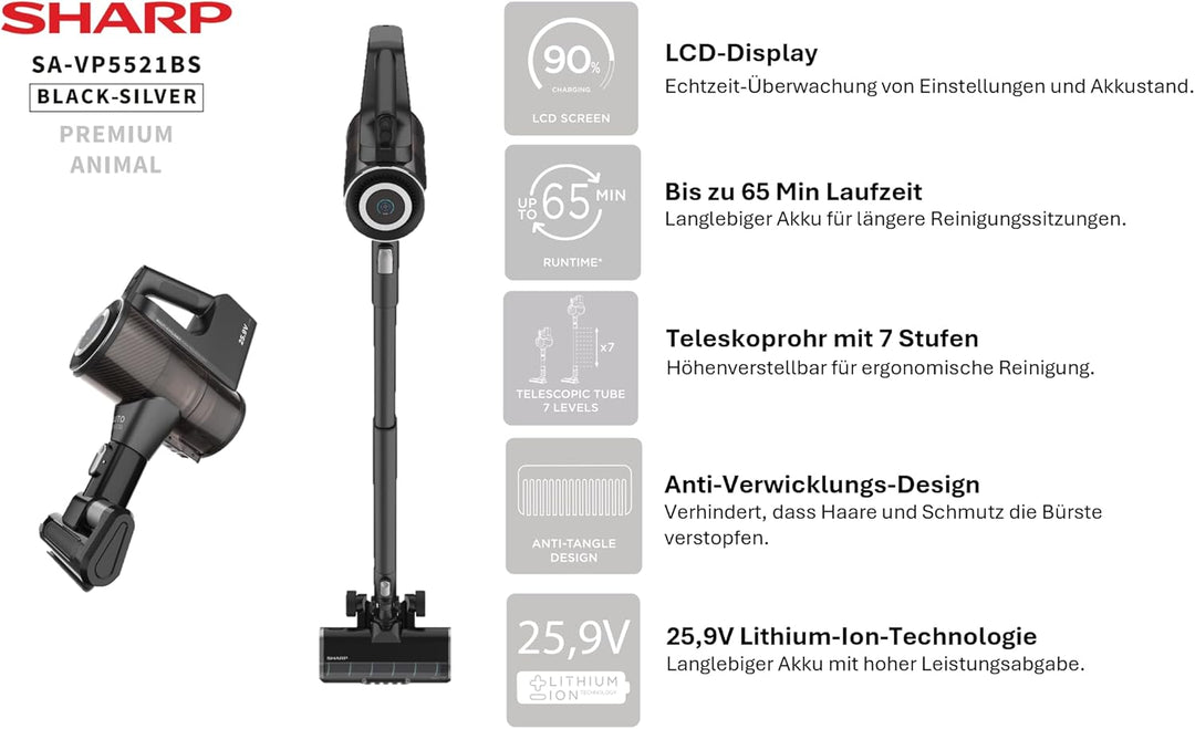 SHARP SA-VP5521BS Staubsauger Kabellos mit Autom. Sensor, Animal, 450W BLDC-Motor, 65Min., 25,9V, 0,