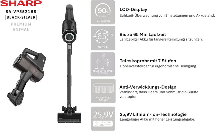 SHARP SA-VP5521BS Staubsauger Kabellos mit Autom. Sensor, Animal, 450W BLDC-Motor, 65Min., 25,9V, 0,