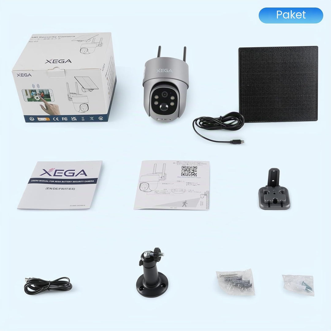 Xega 4G LTE Überwachungskamera Aussen Solar mit SIM Karte - 2K HD 3MP PTZ Kabellos Kamera Ohne WLAN