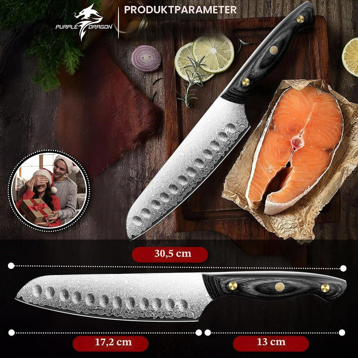 Purple Dragon Damast Santoku Messer - Küchenmesser mit VG10 Kernen und Holzgriff – Handgeschmiedetes